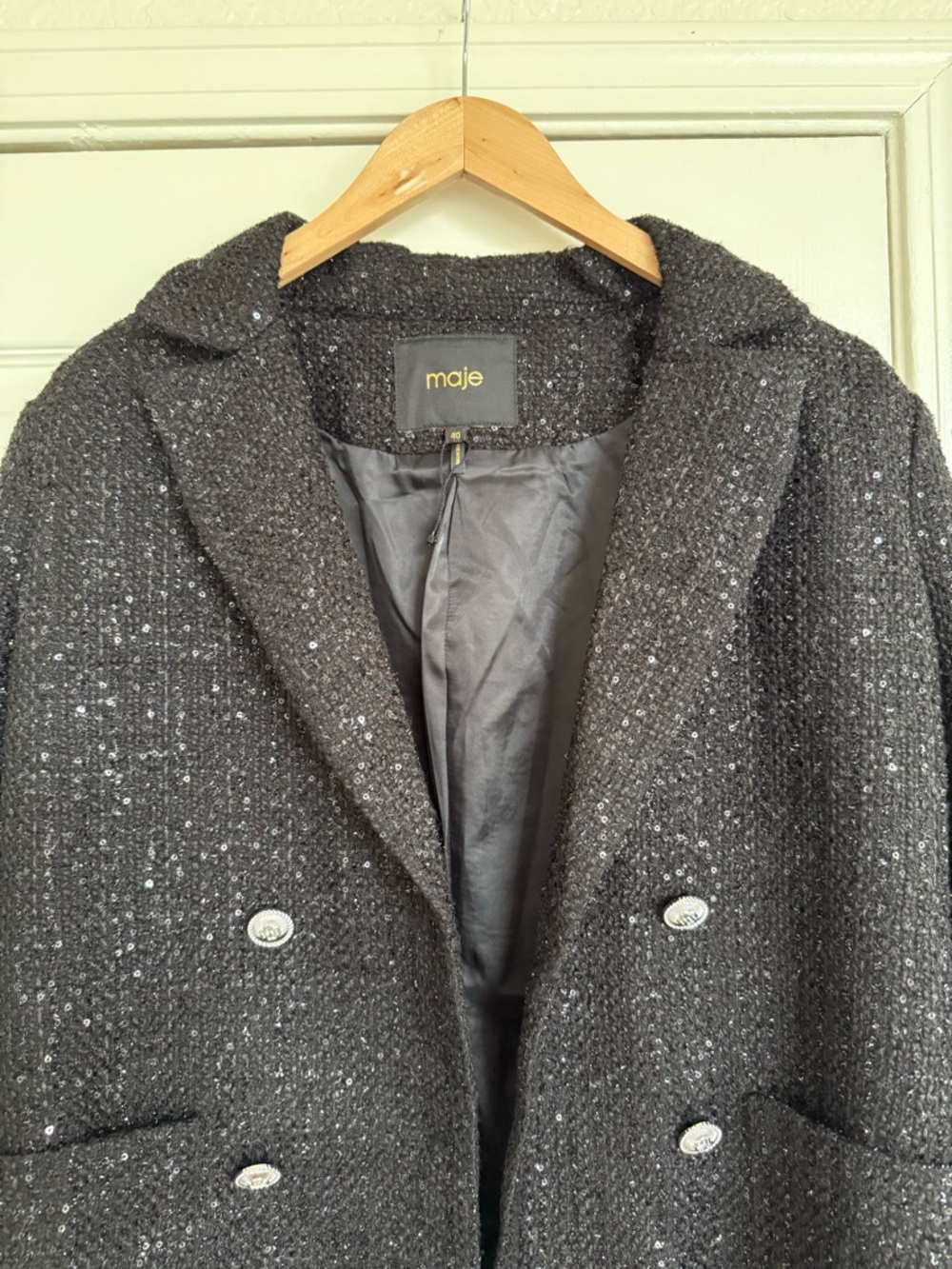 Maje Venatelli Blazer Black Sequined Tweed Double-Breasted Size Large (40) - Picture 4 of 8